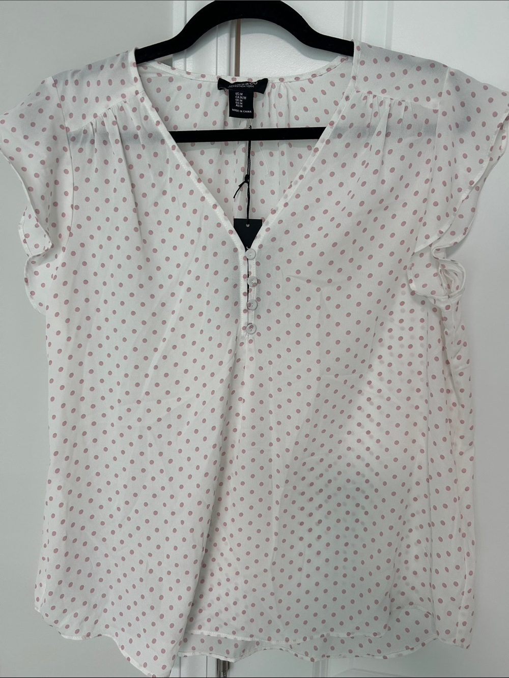Jones New York White Blouse with Pink Polka Dots